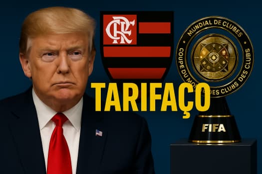 Trump Tarifaço Flamengo, montagem gerada por ia com Trump, escudo do Flamengo e troféu do Mundial