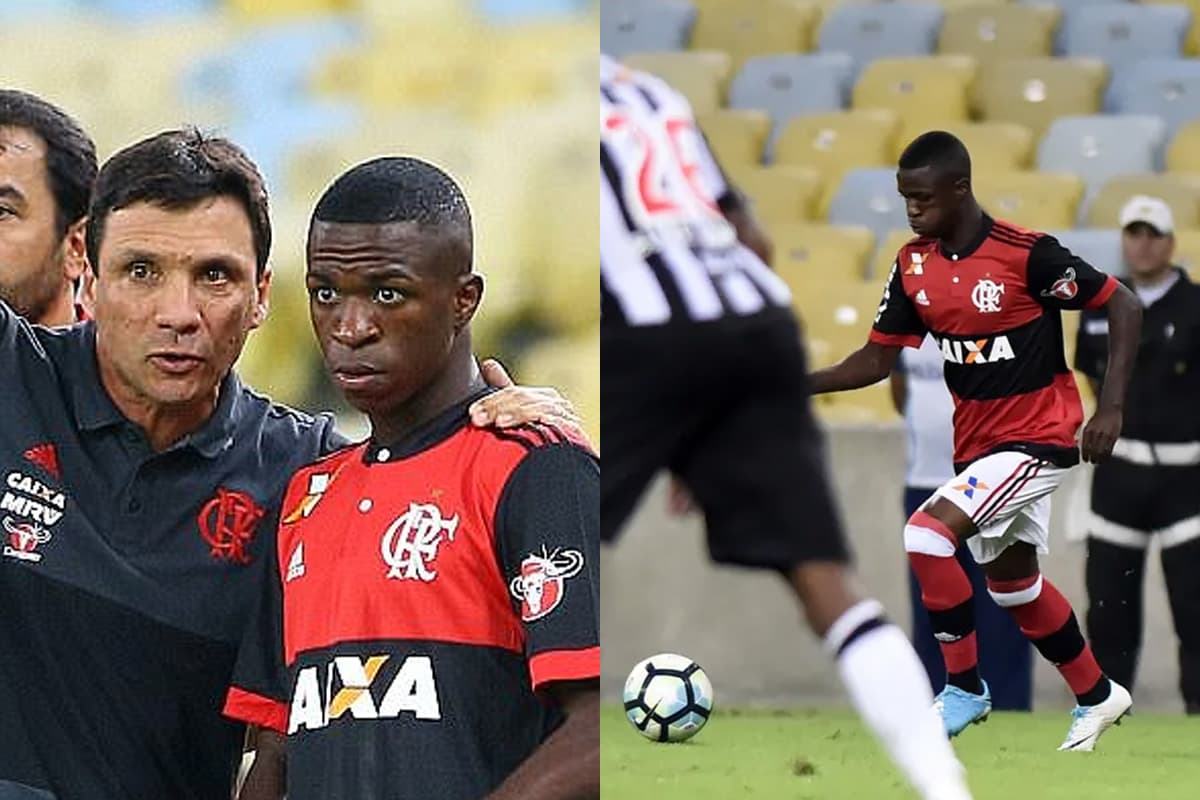 Montagem com fotos da estreia de Vini Jr pelo Flamengo