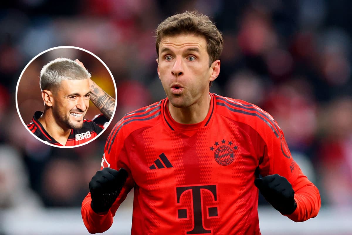 Montagem com Thomas Muller fazendo uma careta, ao lado, uma foto de Arrascaeta sorrindo