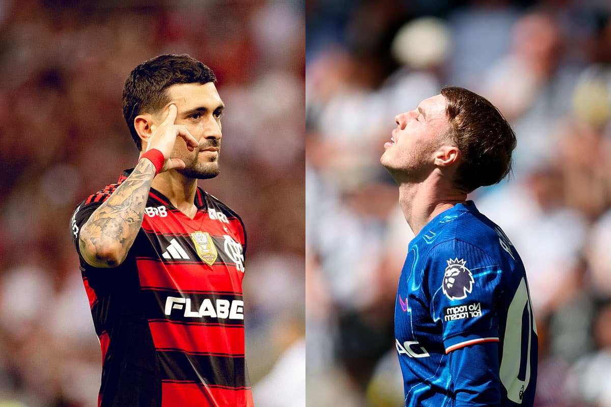 Montagem com Arrascaeta e Cole Palmer, do Chelsea