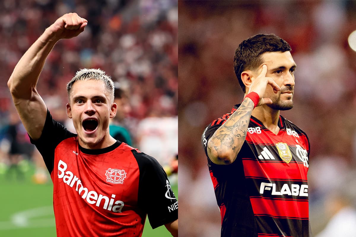 Montagem com Wirtz, do Bayer Leverkusen, e Arrascaeta do Flamengo