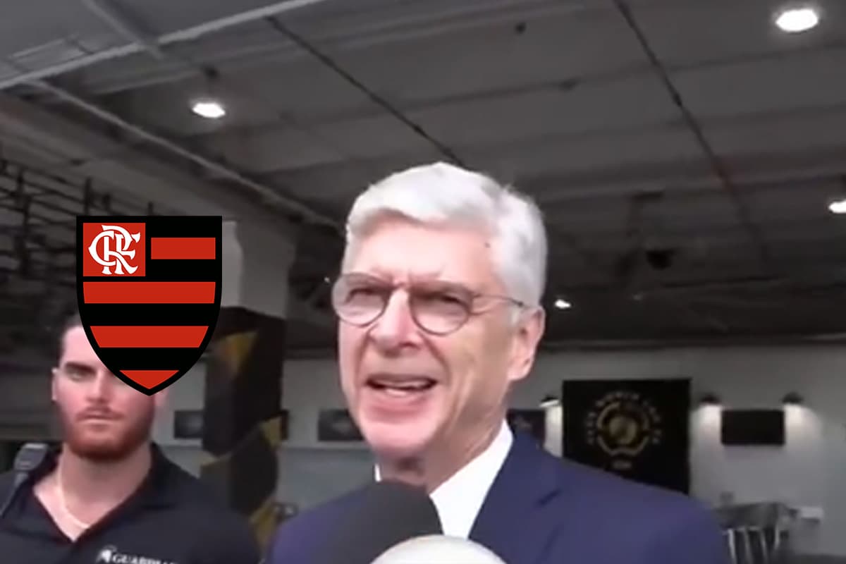 Montagem com Arsène Wenger ao lado do escudo do Flamengo