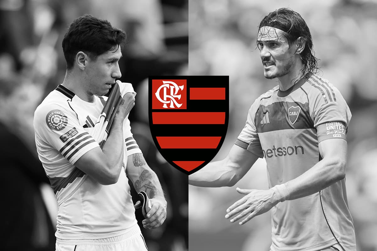 Montagem com Montiel, do River, e Cavani, do Boca Juniors com fotos em preto e branco. No centro, o escudo do Flamengo colorido