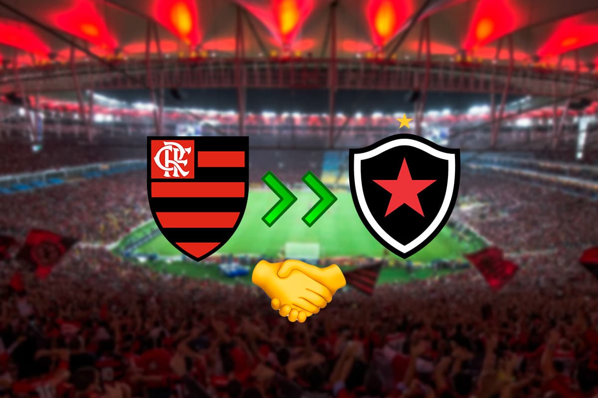 Montagem com o Maracanã ao fundo, Escudos de Flamengo e Botafogo-PB lado a lado no meio entre setas verdes e um emoji de aperto de mãos