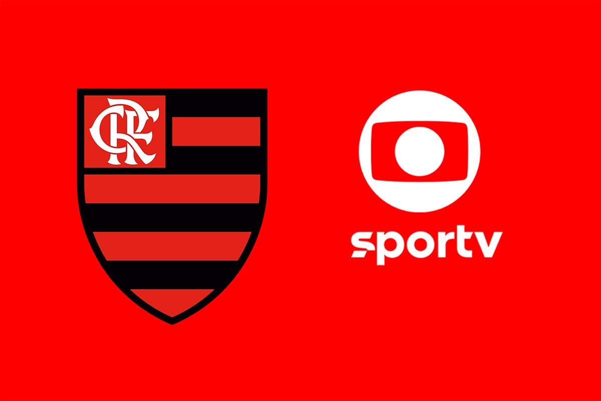 Montagem com o escudo do Flamengo, ao lado da logo da Globo e do SporTV