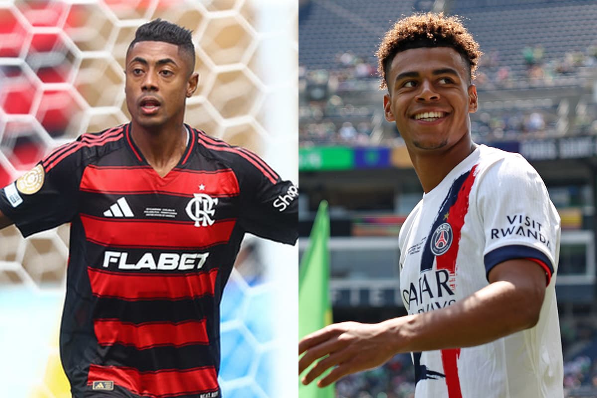 Montagem com Bruno Henrique, do Flamengo, e Doué, do PSG