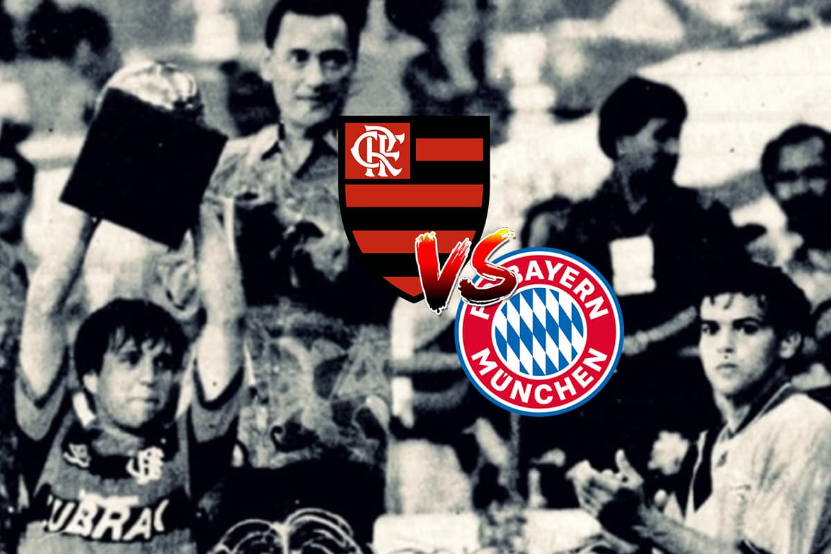 Montagem com foto do Flamengo levantando o trófeu após partida contra o Bayern de Munique. Ao centro da imagem, os escudos das duas equipes com o símbolo de "vs"