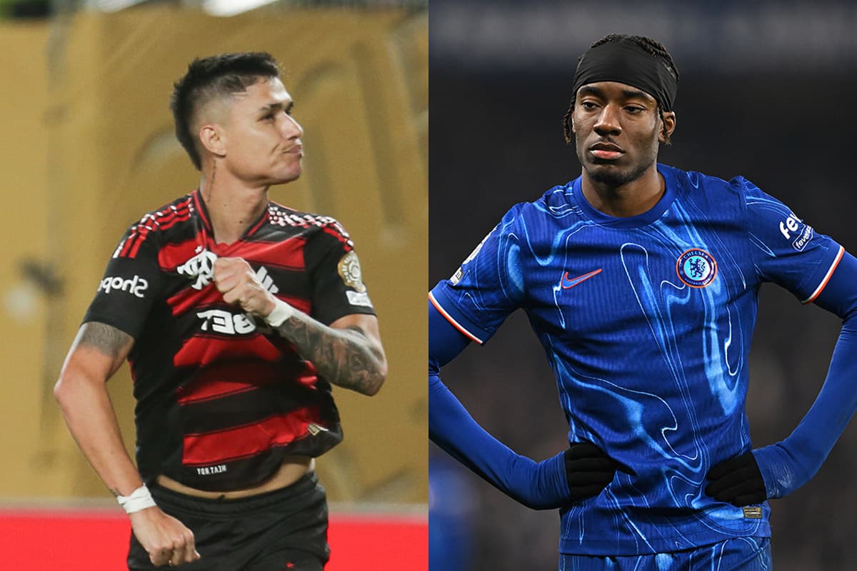 Montagem com Luiz Araújo, do Flamengo, ao lado de Madueke, do Chelsea