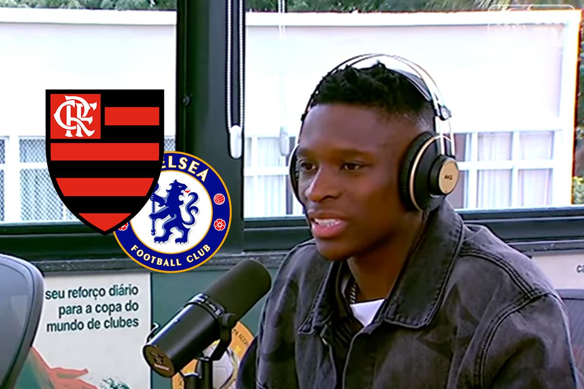 Montagem com o atacante Luiz Henrique, ex-Botafogo, e os escudos de Flamengo e Chelsea