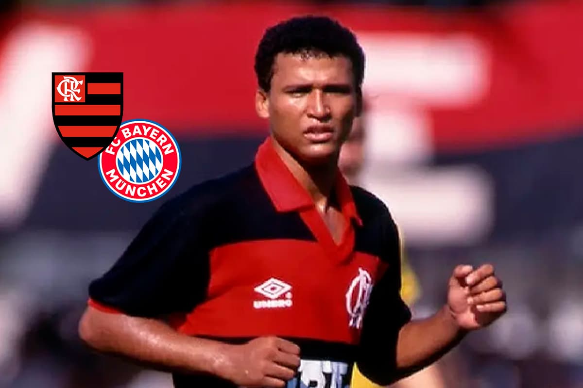 Montagem com Marquinhos, ex-jogador do Flamengo, e ao seu lado os escudos de Flamengo e Bayern
