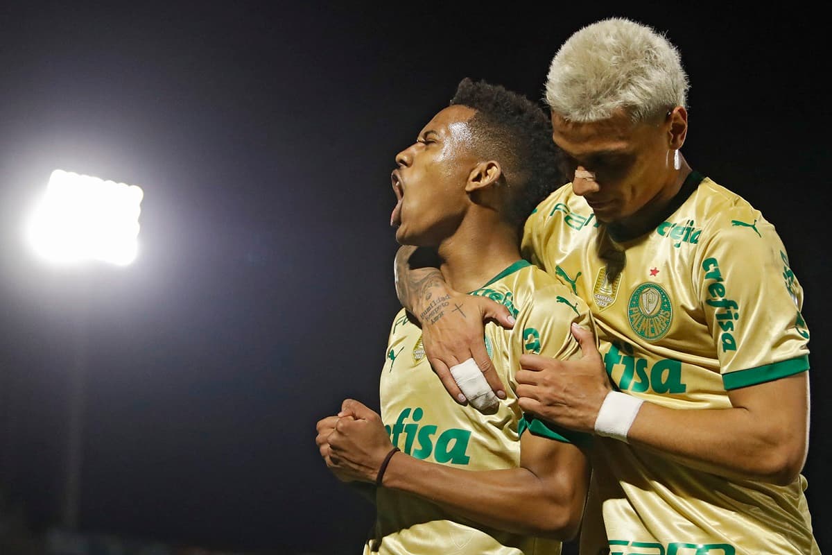 Richard Ríos comemora gol do Palmeiras junto a Estêvão