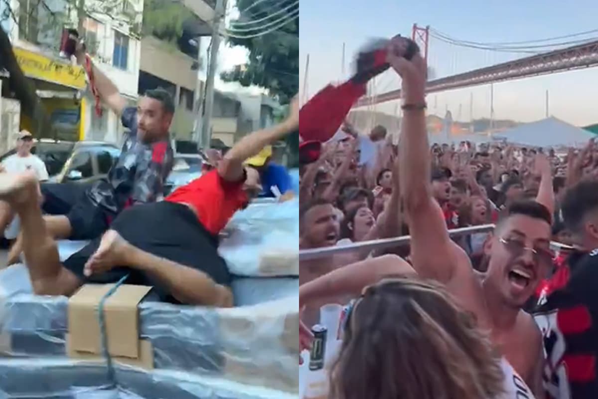 Montagem com dois prints de vídeos de torcedores do Flamengo comemorando a vitória sobre o Chelsea