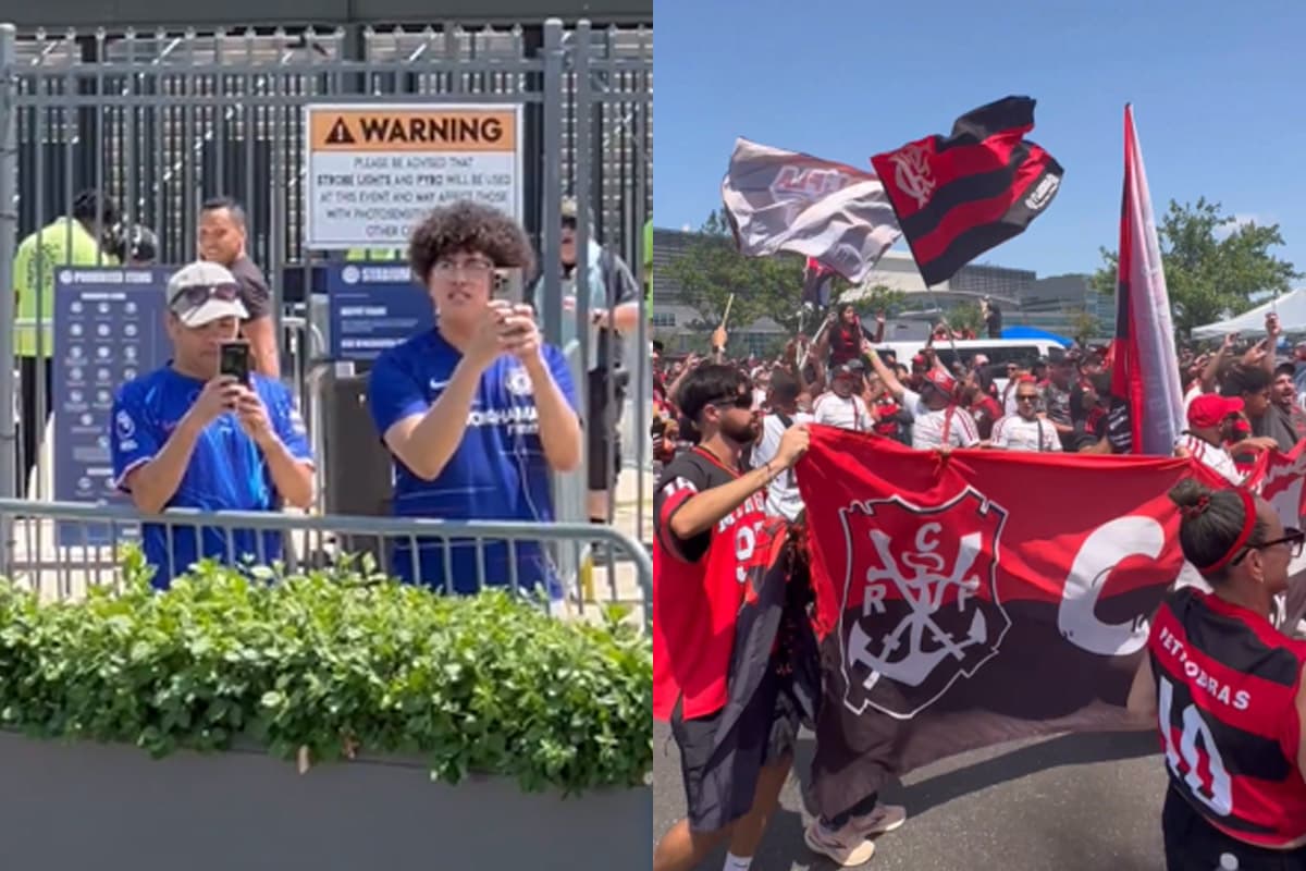 Montagem com torcedores do Chelsea impressionados com a festa da torcida do Flamengo
