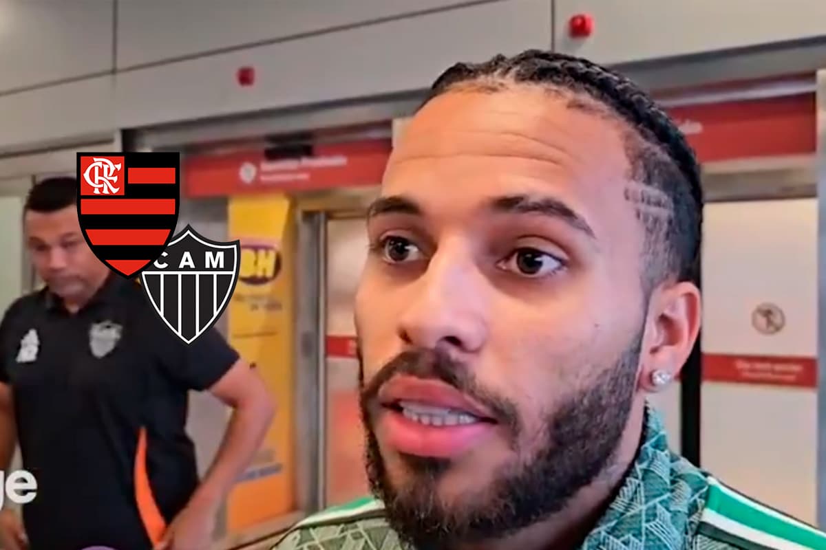 Montagem com o jogador Alexsander, ao lado dos escudos de Flamengo e Atlético-MG