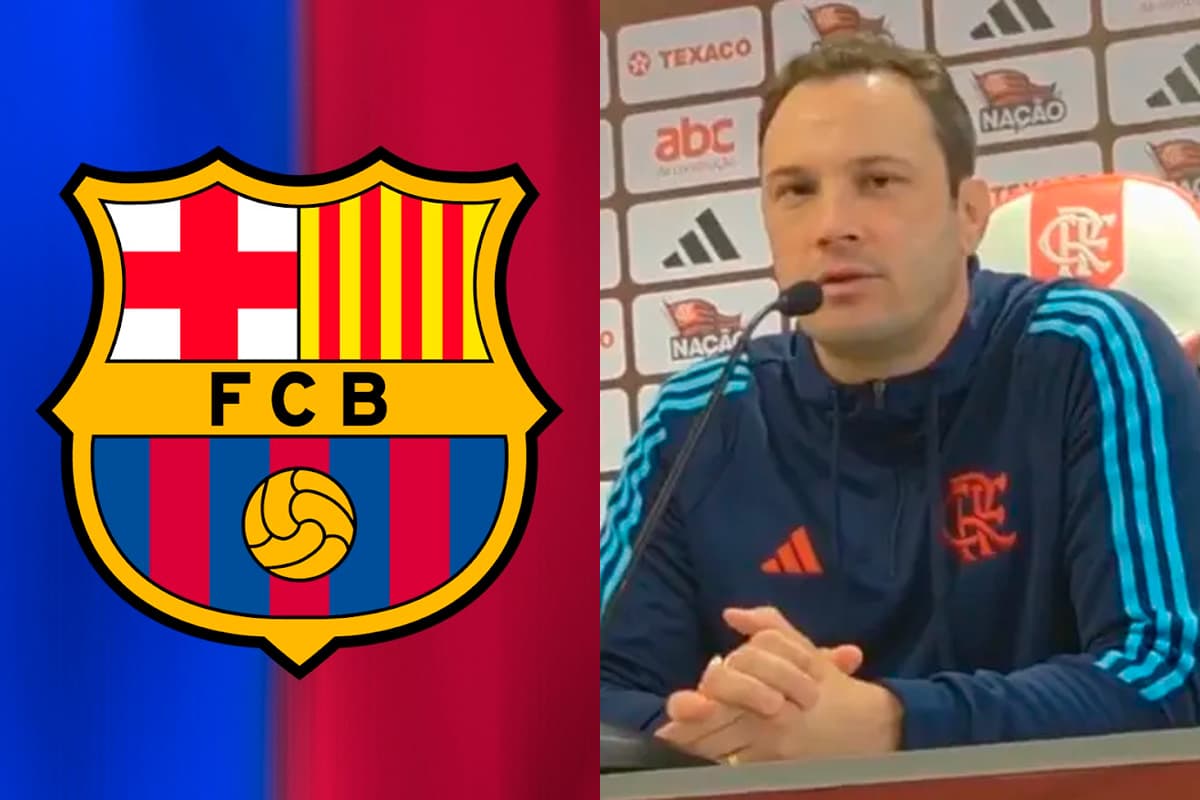 Montagem com o escudo do Barcelona e Bruno Pivetti, técnico do Flamengo