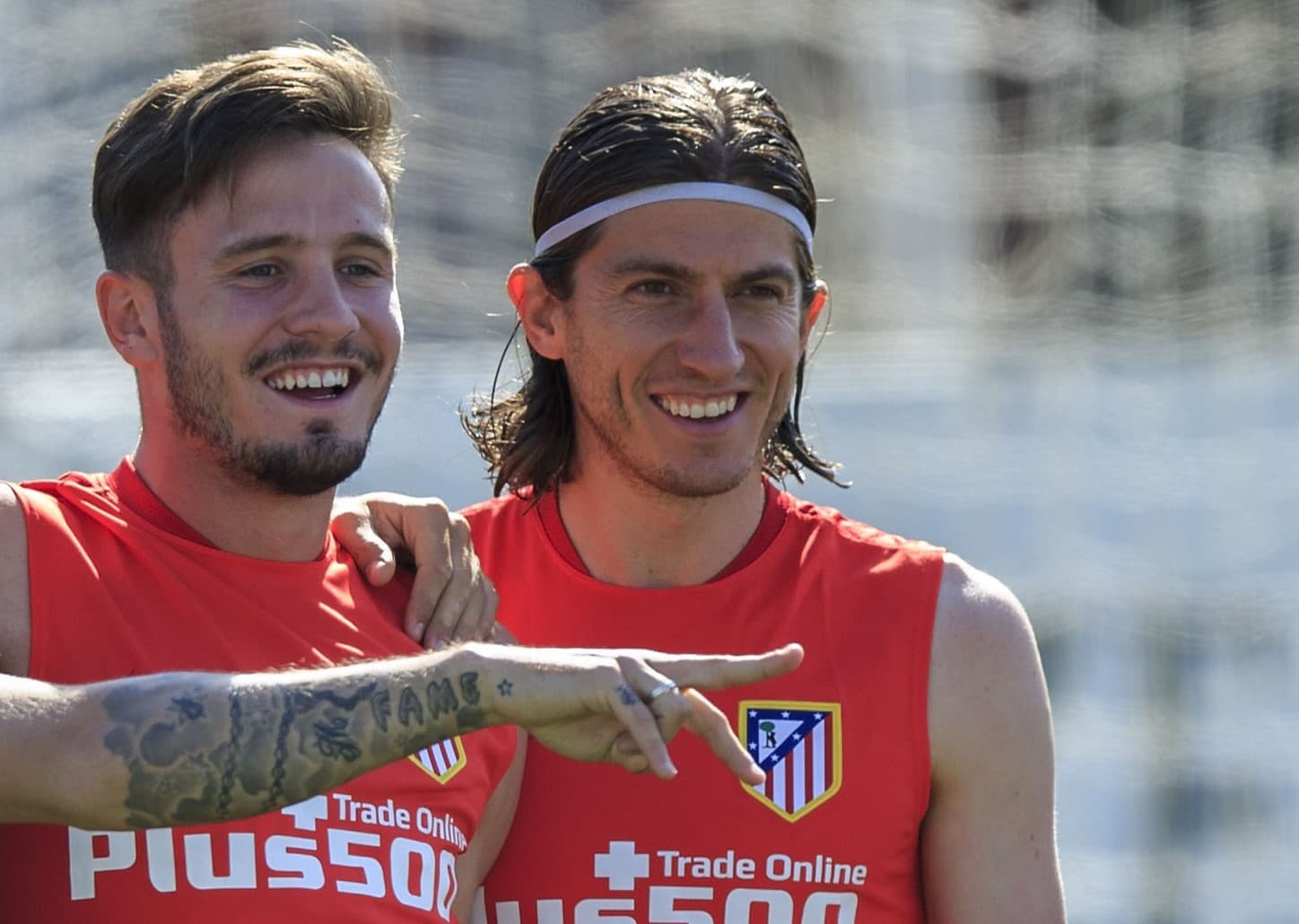 Filipe Luís e Saúl em treino do Atlético de Madrid