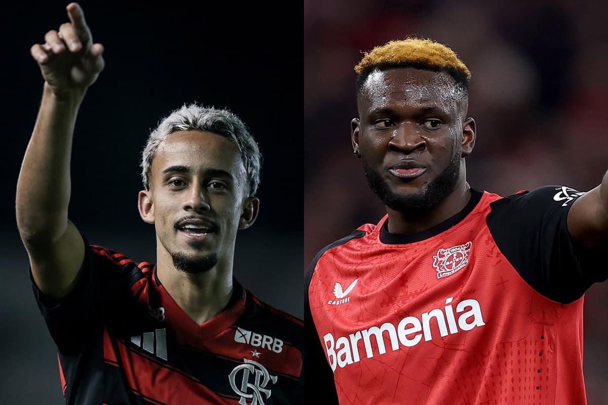 Montagem com Matheus Gonçalves e Victor Boniface, do Bayer Leverkusen