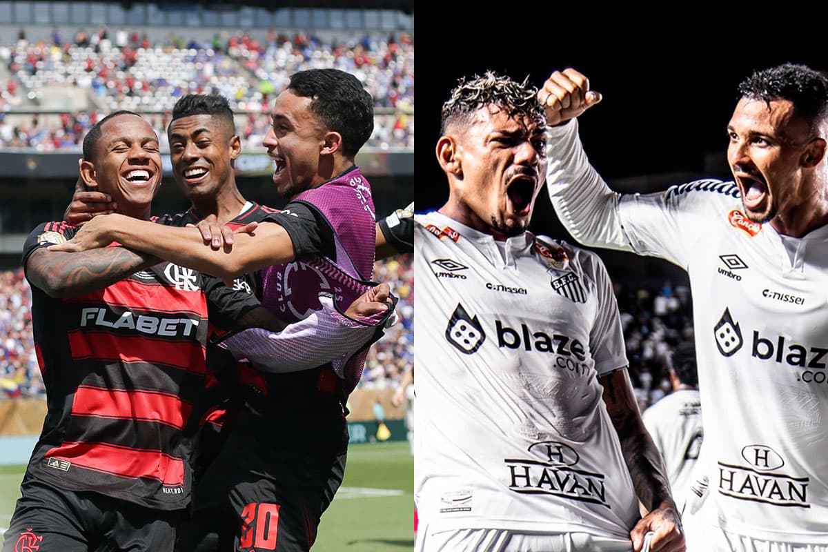 Montagem com jogadores de Flamengo e Santos comemorando gols