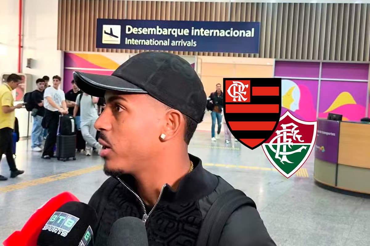 Montagem com John Kennedy ao lado dos escudos de Flamengo e Fluminense
