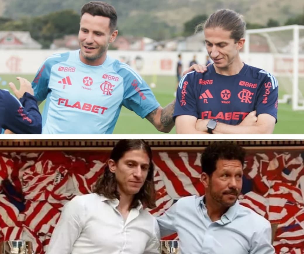Acima, Filipe Luís e Saul no Flamengo; abaixo, Filipe e Simeone no Atlético de Madrid