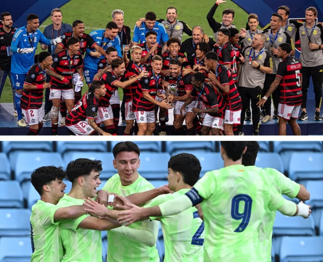 Acima, Flamengo levanta taça do Mundial Sub-20 após conquista de 2024 em cima do Olympiacos; abaixo, Barcelona Sub-20 comemora gol marcado durante a campanha do título da Youth League, que deu vaga ao time no Mundial