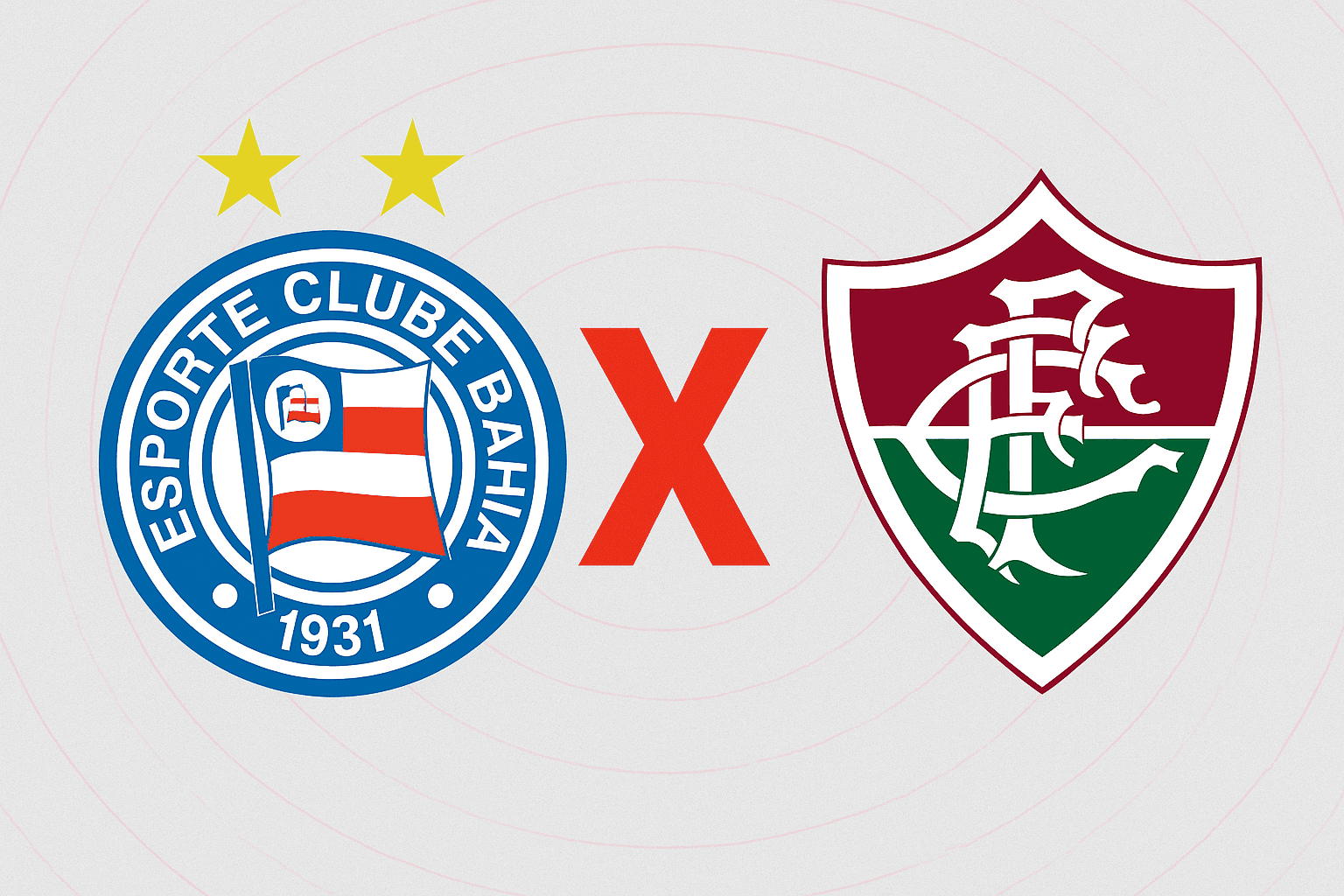 Escudos de Bahia e Fluminense lado a lado com um “X” vermelho no centro, em fundo cinza com círculos concêntricos