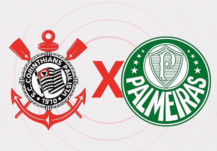 Escudos de Corinthians (à esquerda) e Palmeiras (à direita) separados por um “X” vermelho, em fundo claro com círculos concêntricos.
