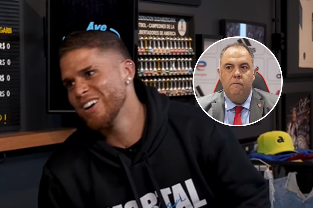 Montagem com ex-jogador do Flamengo, Gustavo Cuéllar, rindo durante programa de Duda Garbi. Ao lado do jogador, uma foto de Marcos Braz, ex-dirigente do Flamengo