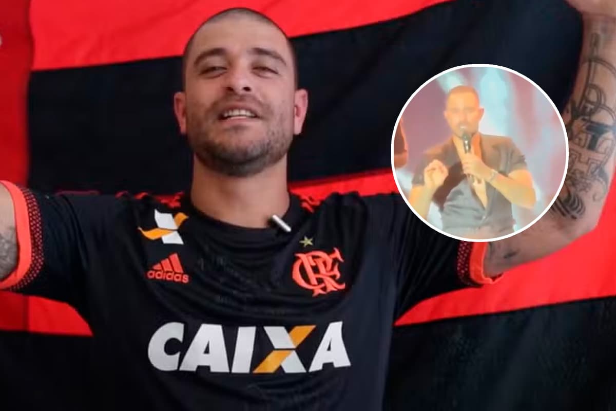 Montagem com Diogo Nogueira com a camisa do Flamengo e um frame da confusão em seu show em Minas Gerais