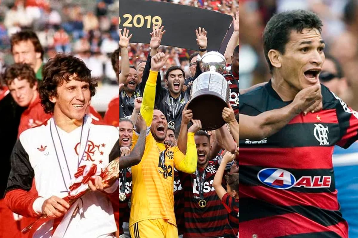 Montagem com as conquistas do Flamengo: Mundial (1981), Libertadores 2019 e Brasileirão (2009)
