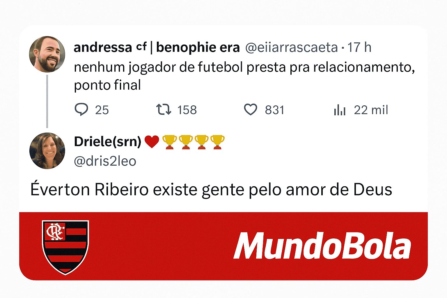 Print de tweets mostrando torcedores citando Éverton Ribeiro como exceção à frase viral de que nenhum jogador de futebol presta para relacionamento