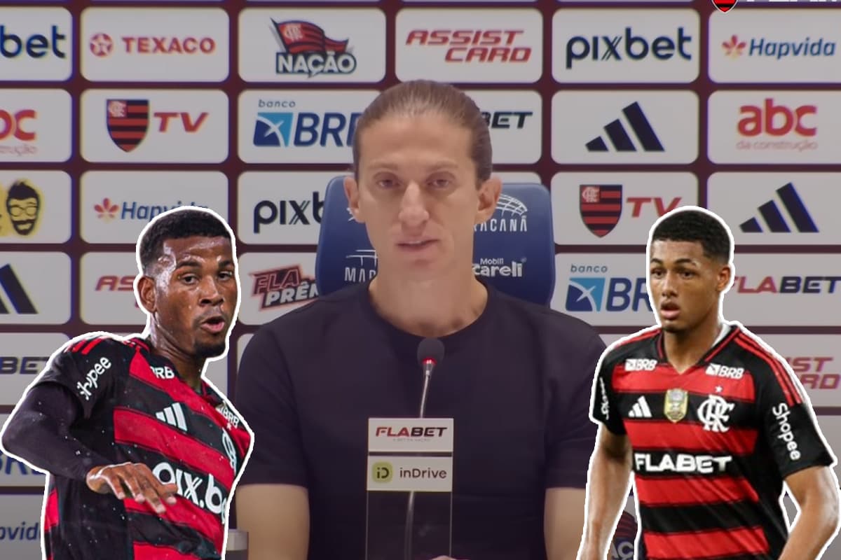 Monatagem com Filipe Luís ao centro da imagem com João Victor e Cleiton ao lado