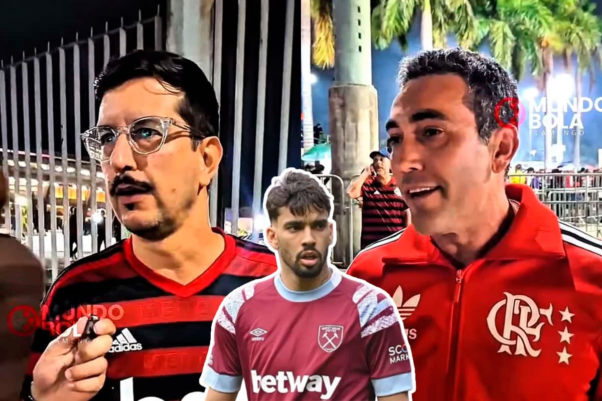 Montagem com dois torcedores do Flamengo e Lucas Paquetá ao centro da imagem