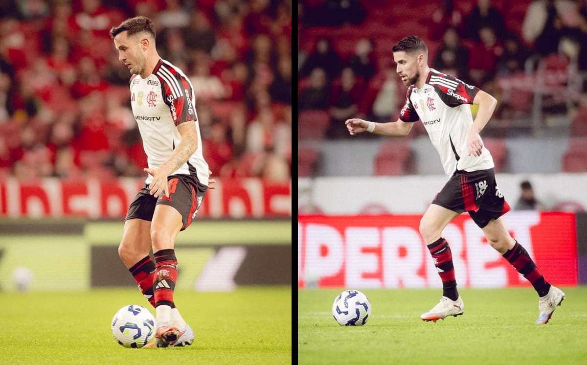 Montagem mostra Saúl e Jorginho lado a lado, tentando jogadas em Flamengo x Internacional