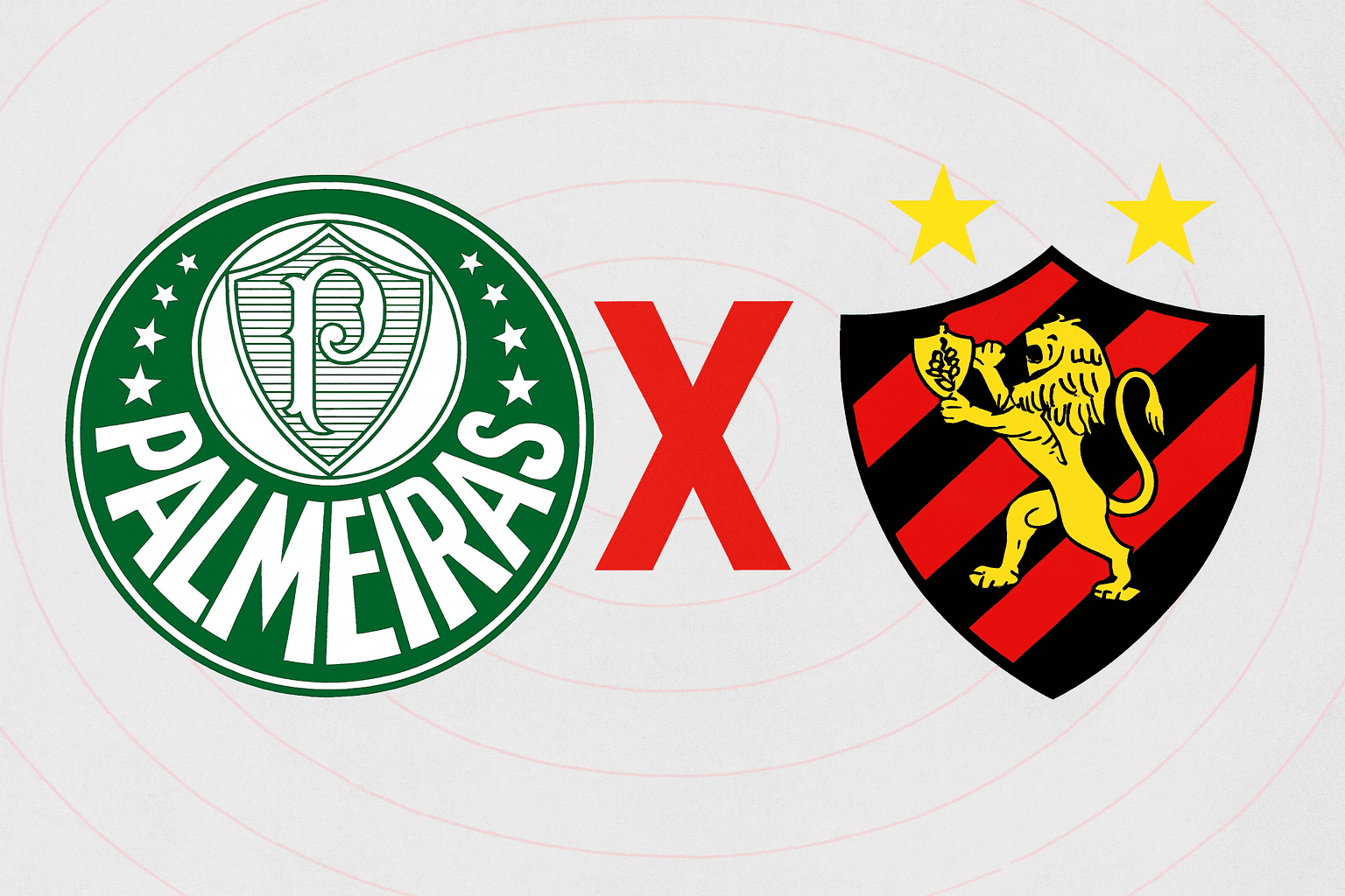 Escudos de Palmeiras e Sport Recife lado a lado com um X vermelho ao centro em fundo cinza texturizado, representando confronto pelo Brasileirão 2025.