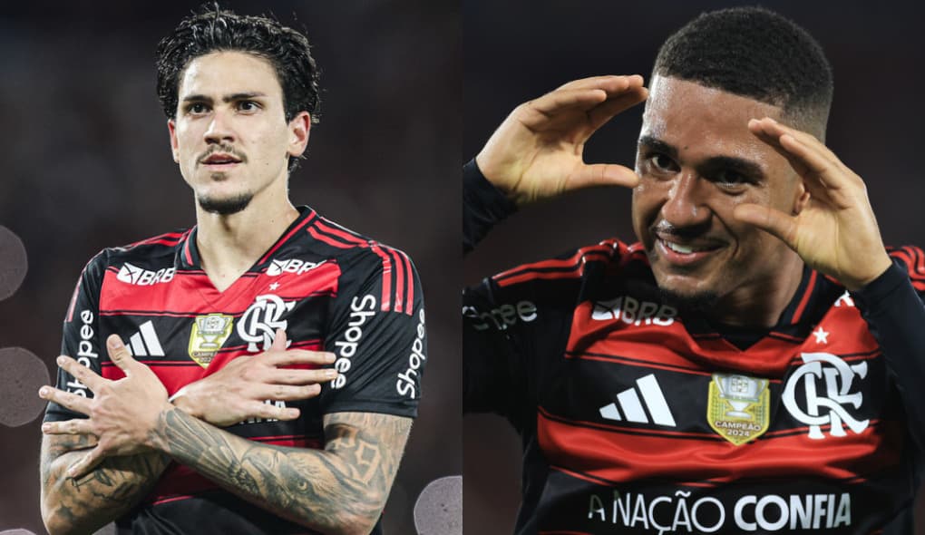 Pedro (esquerda) e Samu Lino (direita) fazem as suas comemorações de gol em Flamengo x Vitória: Camisa 9 como se estivesse com frio, o famoso "gelado"