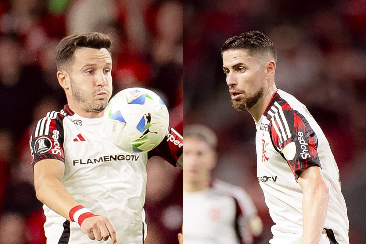 Montagem com Jorginho ao lado de Saúl, ambos durante a partida entre Flamengo e Internacional