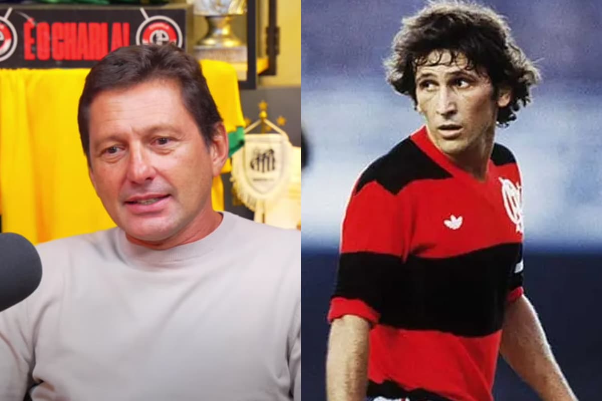 Montagem com Leonardo, ex Flamengo, no Charla Podcast (esquerda) e Zico com a camisa rubro-negra em campo (direita)