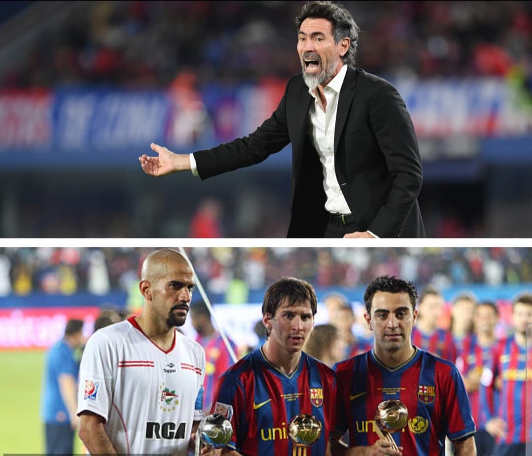 Acima, Domínguez, atual técnico do Estudiantes, abaixo, argentinos vices para o Barcelona em 2009
