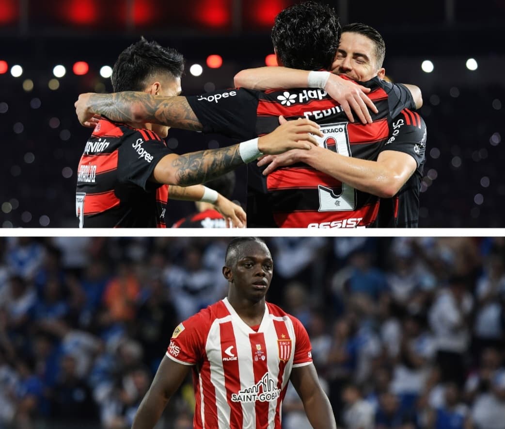 Acima, Flamengo comemora gol; abaixo, Cetré joga pelo Estudiantes