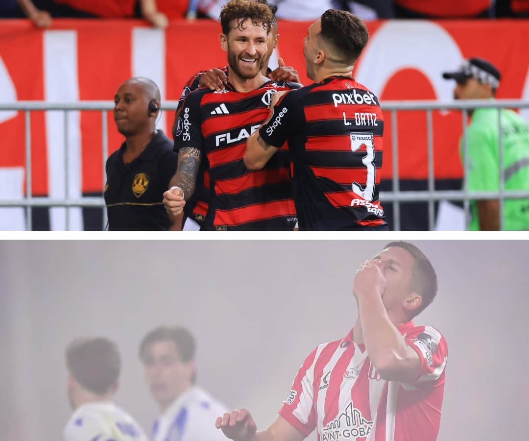 Acima, Léo Pereira e Ortiz comemoram gol na Libertadores pelo Flamengo; abaixo, Guido Carrillo, do Estudiantes, leva mão a boca