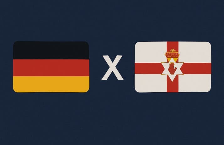 Bandeira da Alemanha à esquerda e bandeira da Irlanda do Norte à direita, separadas por um "X" branco central sobre fundo azul escuro