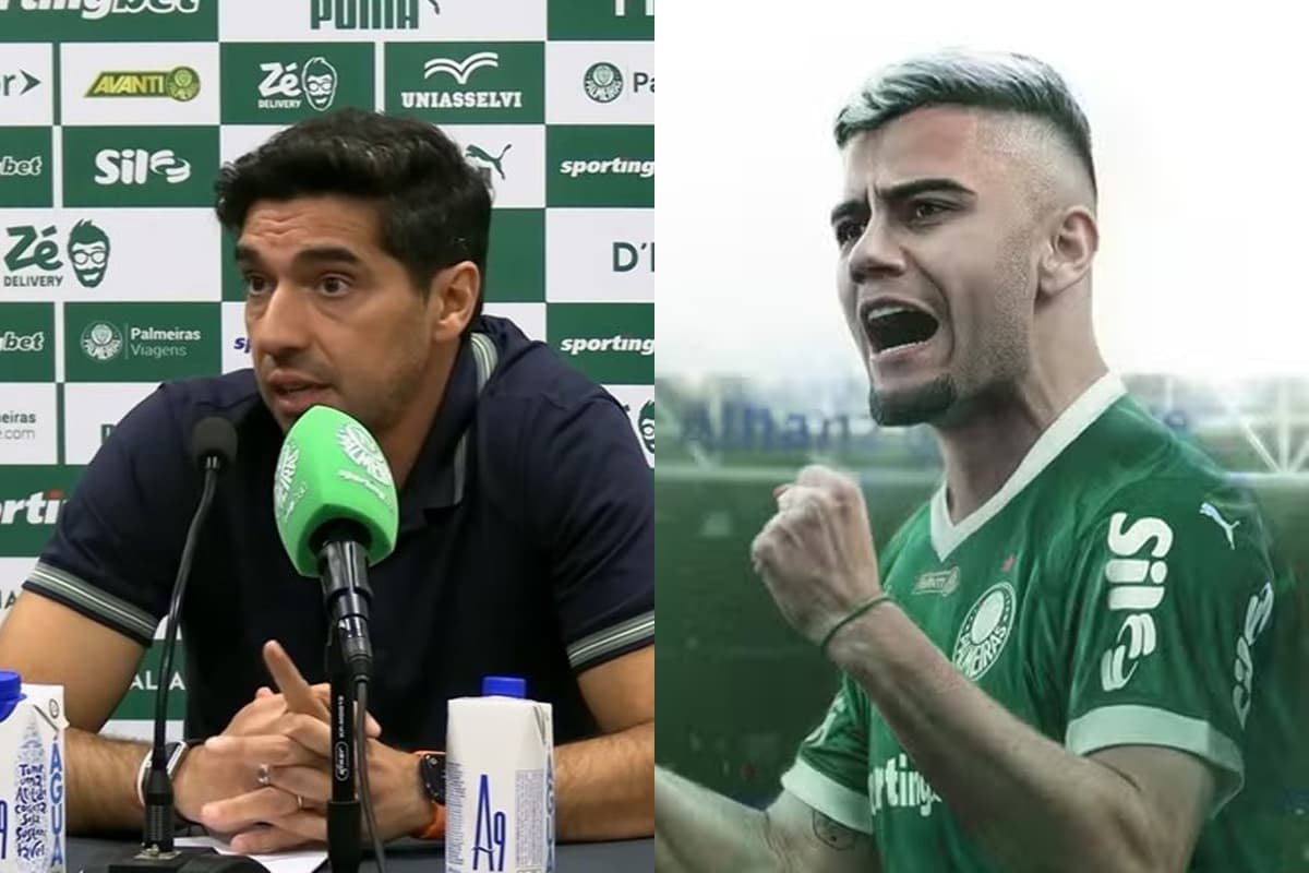 Montagem com Abel Ferreira, ao lado de Andreas Pereira com a camisa do Palmeiras em seu anuncio oficial