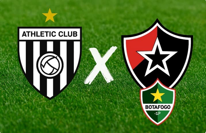 Arte digital com fundo de gramado verde, exibindo à esquerda o escudo do Athletic Club (listras verticais pretas e brancas, estrela dourada acima e nome do clube) e à direita o escudo do Botafogo-SP (escudo dividido em preto e vermelho com estrela branca