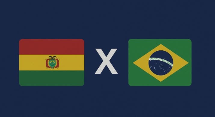 Arte digital com fundo azul, exibindo à esquerda a bandeira da Bolívia (faixas horizontais vermelha, amarela e verde, com brasão no centro) e à direita a bandeira do Brasil (campo verde com losango amarelo e círculo azul estrelado com a faixa branca e lem
