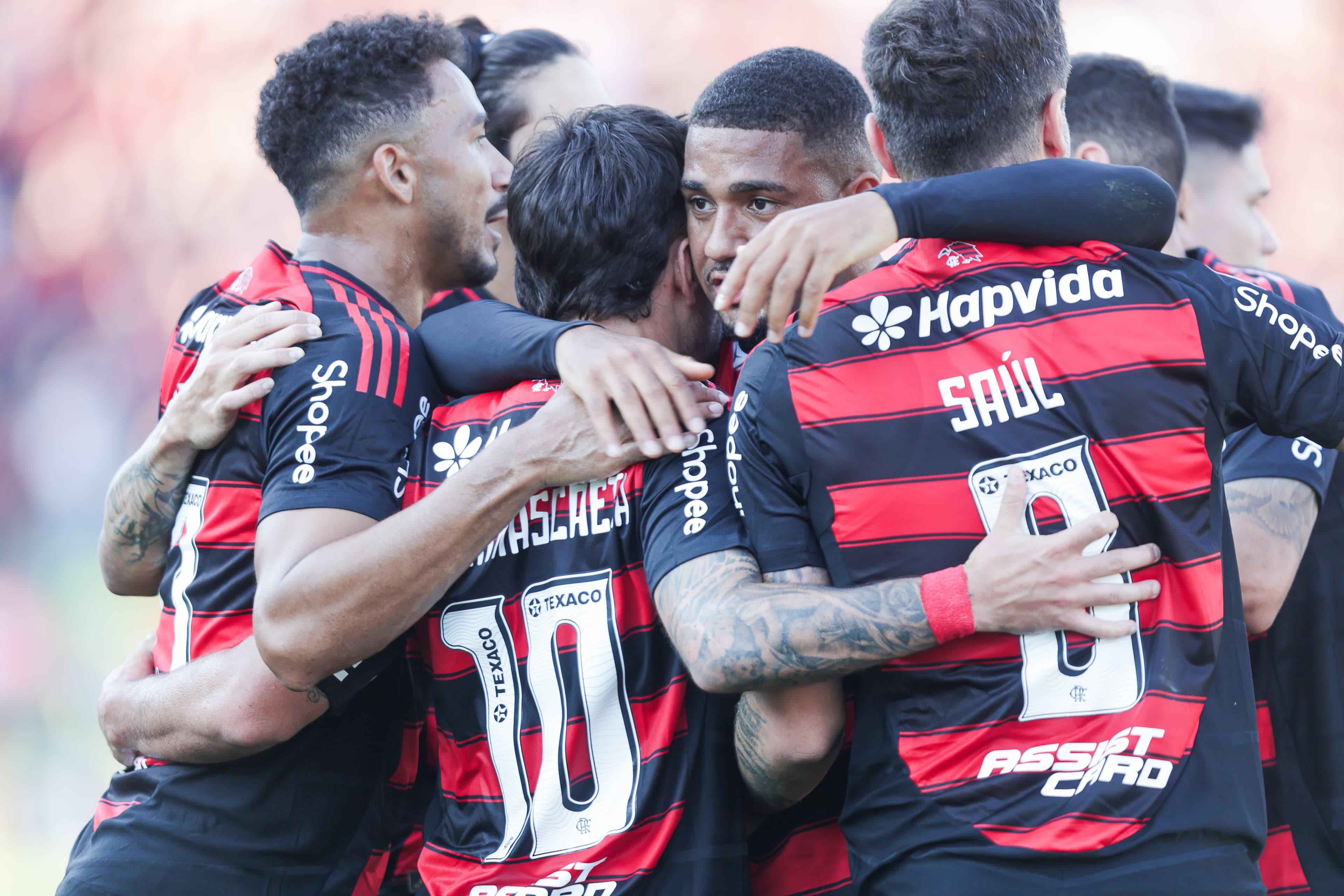 Elenco do Flamengo se abraça para comemorar gol que abriu o placar contra o Juventude