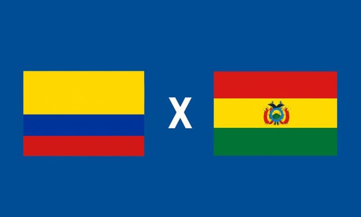 Bandeiras de Colômbia e Bolívia lado a lado sobre fundo azul, simbolizando o confronto das Eliminatórias Sul-Americanas.