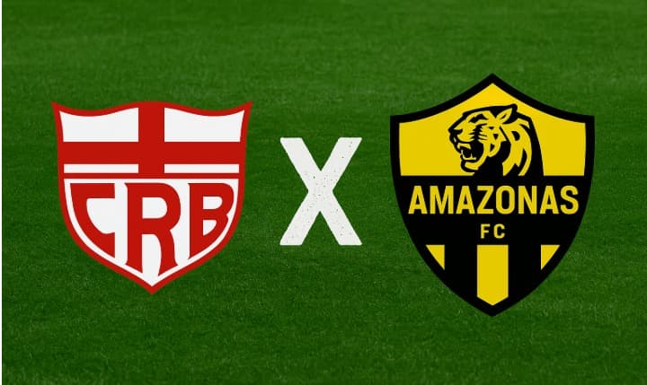 Arte digital com fundo de gramado verde, exibindo à esquerda o escudo do CRB (escudo branco com cruz vermelha e letras 'CRB') e à direita o escudo do Amazonas FC (escudo amarelo e preto com a silhueta de uma onça e o nome do clube). No centro, um 'X' bran