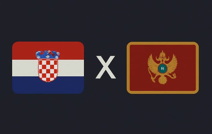 Bandeira da Croácia à esquerda e bandeira de Montenegro à direita, separadas por um "X" branco central sobre fundo azul escuro