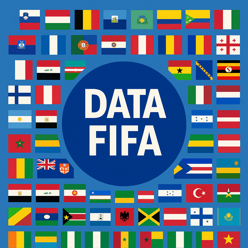 Bandeiras de várias seleções de futebol ao redor do texto “Data Fifa” em fundo azul, representando os jogos da Data Fifa de setembro de 2025.
